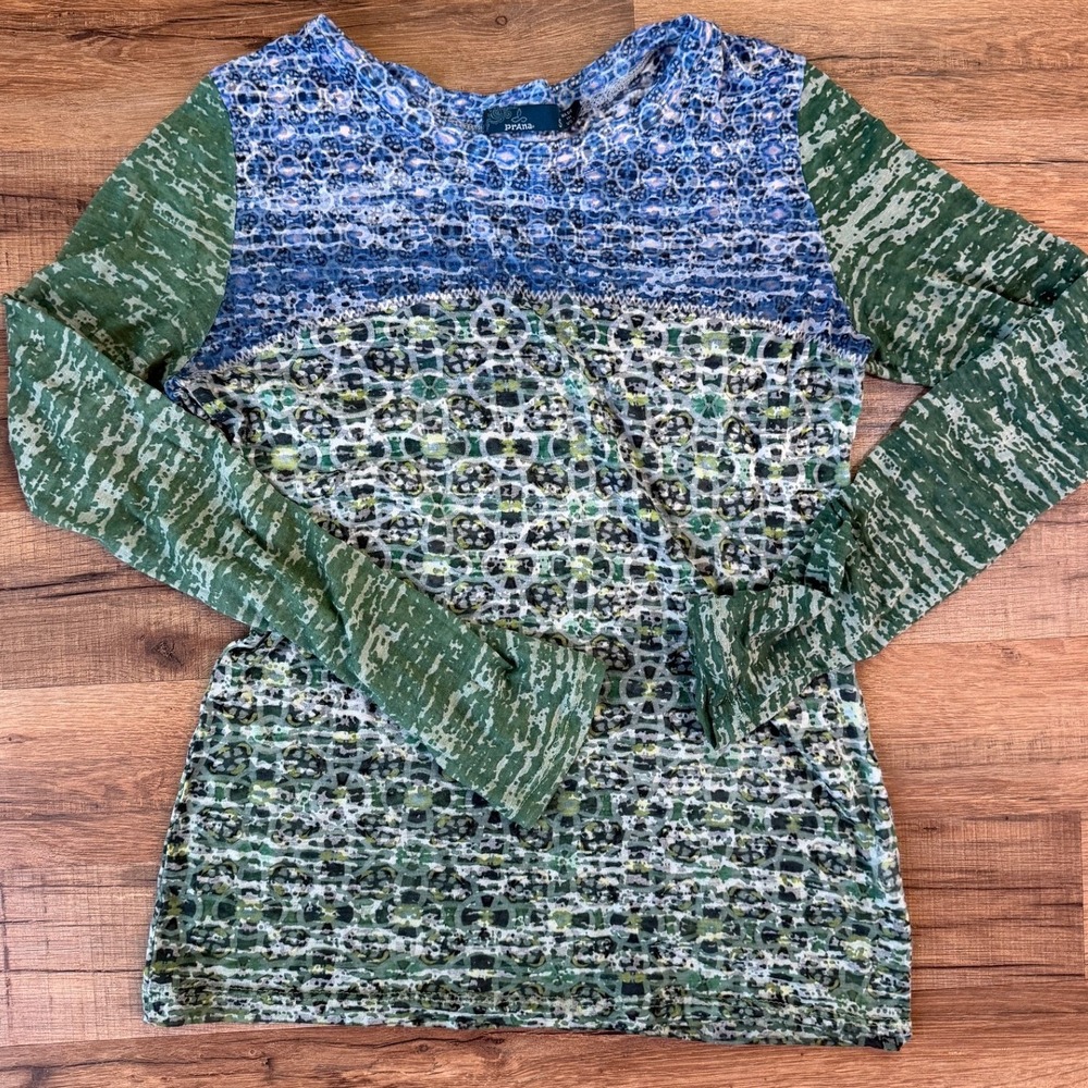 Y2K Prana Long Sleeve Sheer Burnout Grunge Top Geometric Print Green Blue Boho